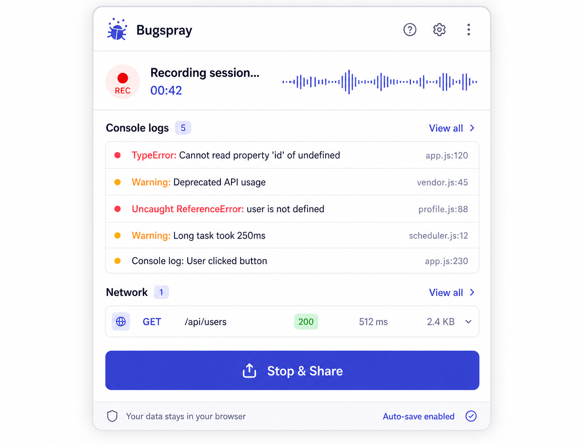 Bugspray recorder UI showing a live session with console logs and network requests